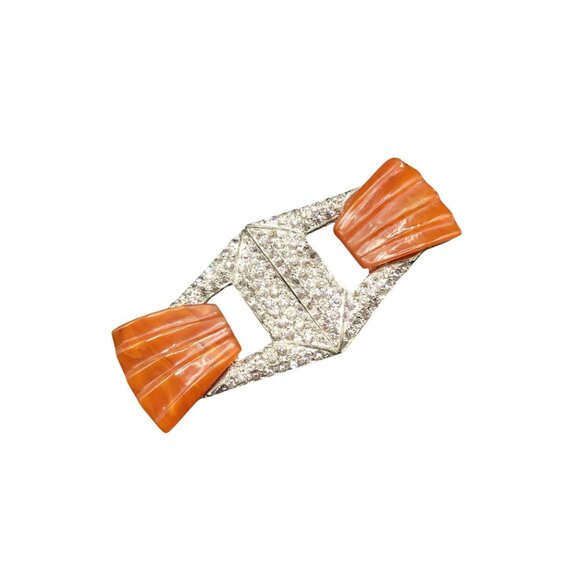 Antique Art Deco Belt Buckle Bakelite Rhinestones Orange & Silver Tone Buckle - Picture 1 of 7